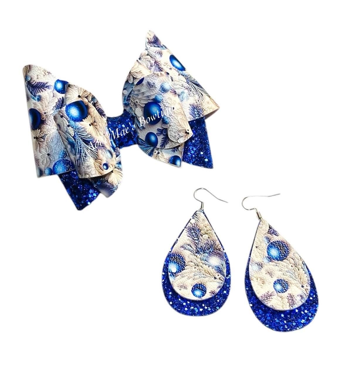 Blue Christmas Ornaments Bow & Earrings Set