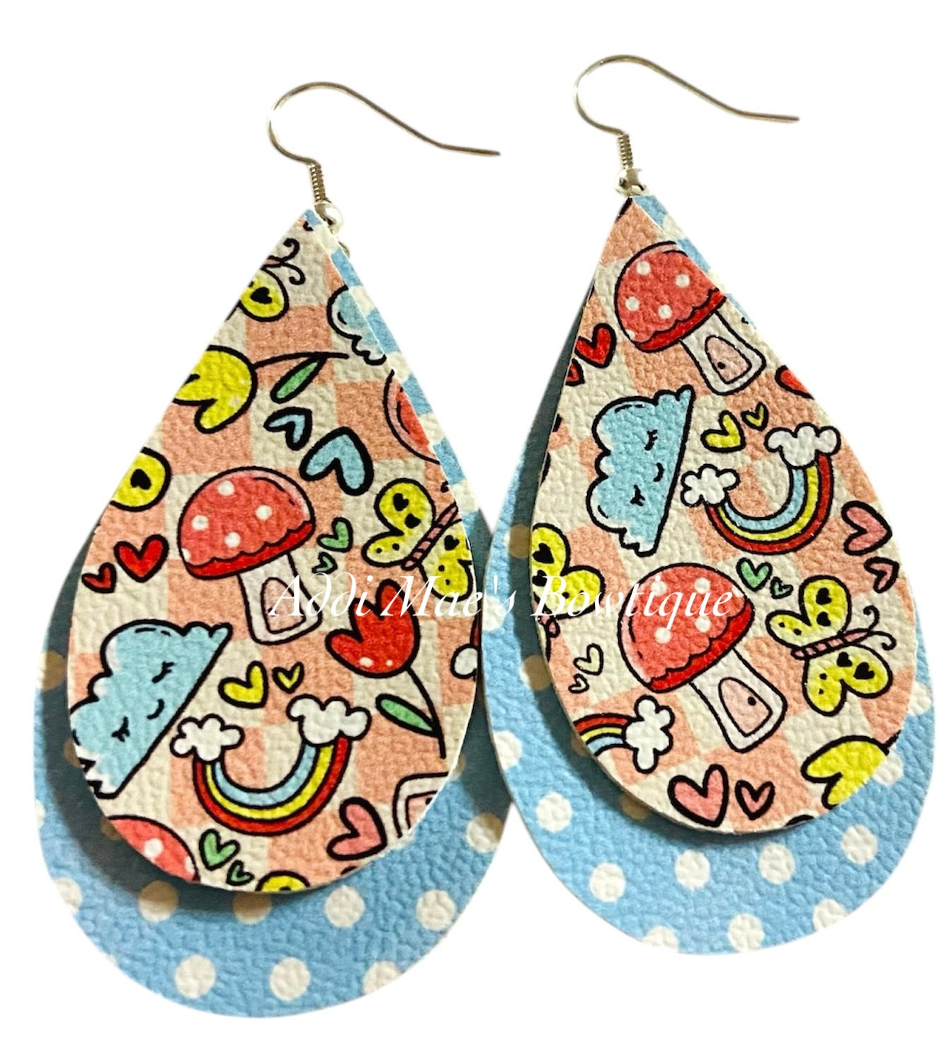 Mushroom Doodles Stacked Tear Drop Dangle Earrings