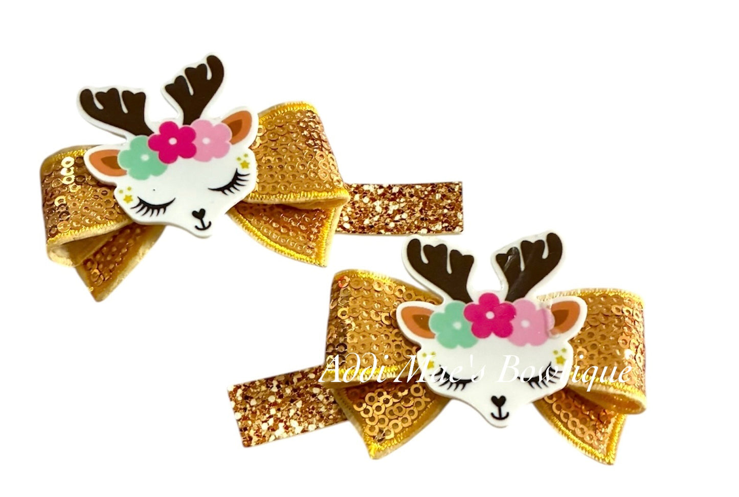Floral Deer Sequin Bow Alligator Clip Set