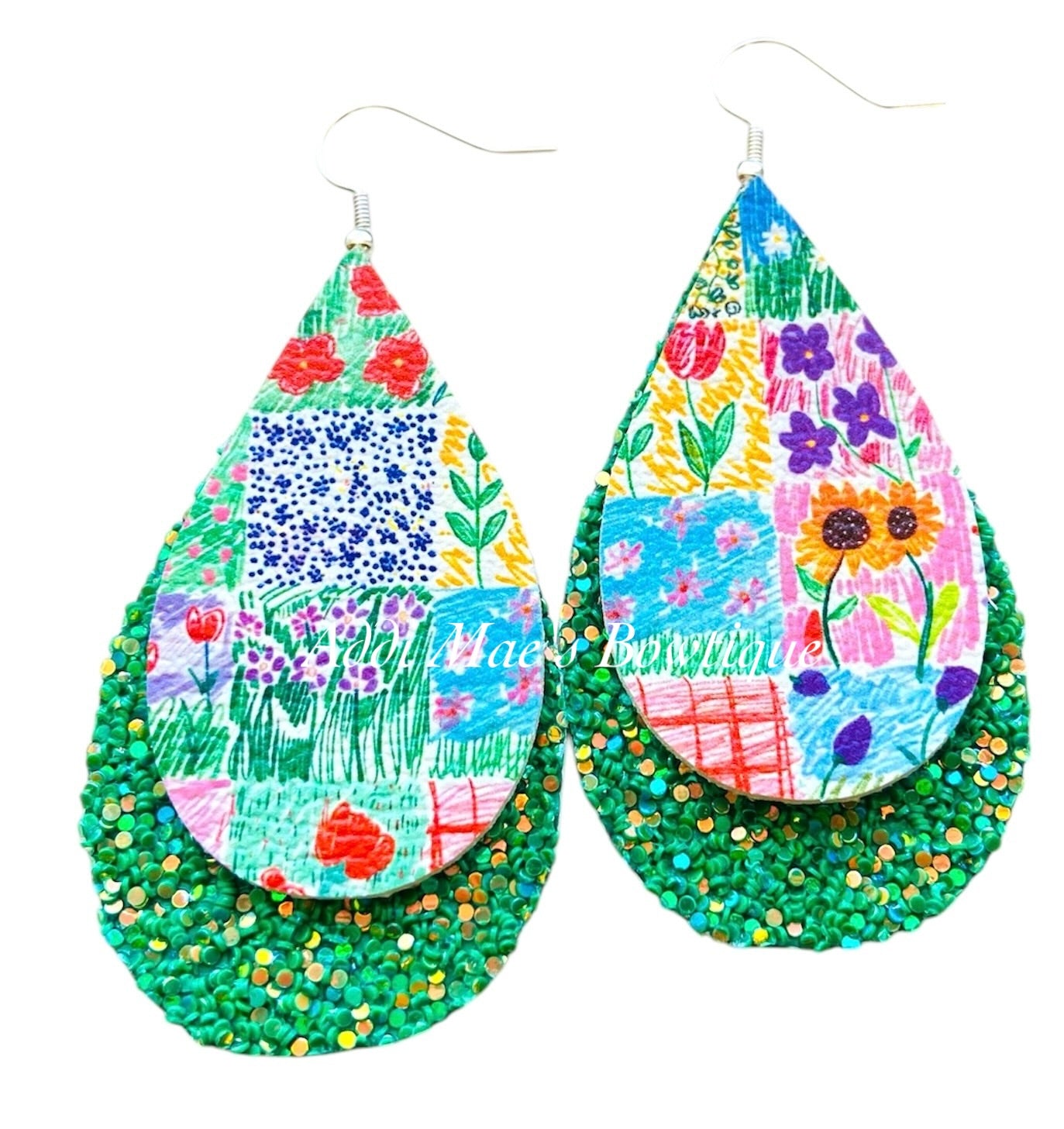 Child’s Artwork Flowers Stacked Tear Drop Dangle Earrings