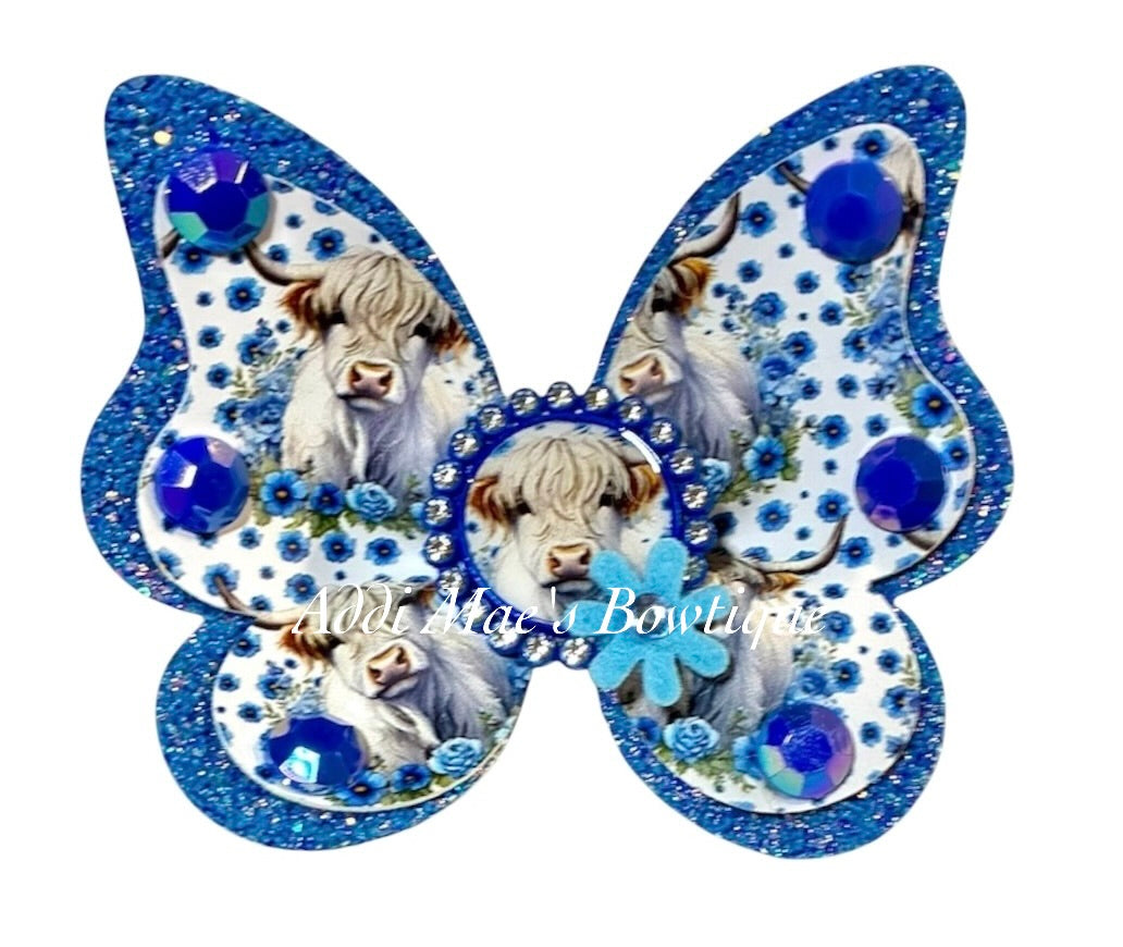 Blue Floral Highland Cow Butterfly Bow