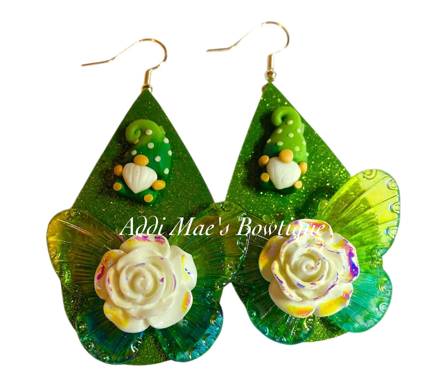 Green Butterfly Gnomes Tear Drop Earrings