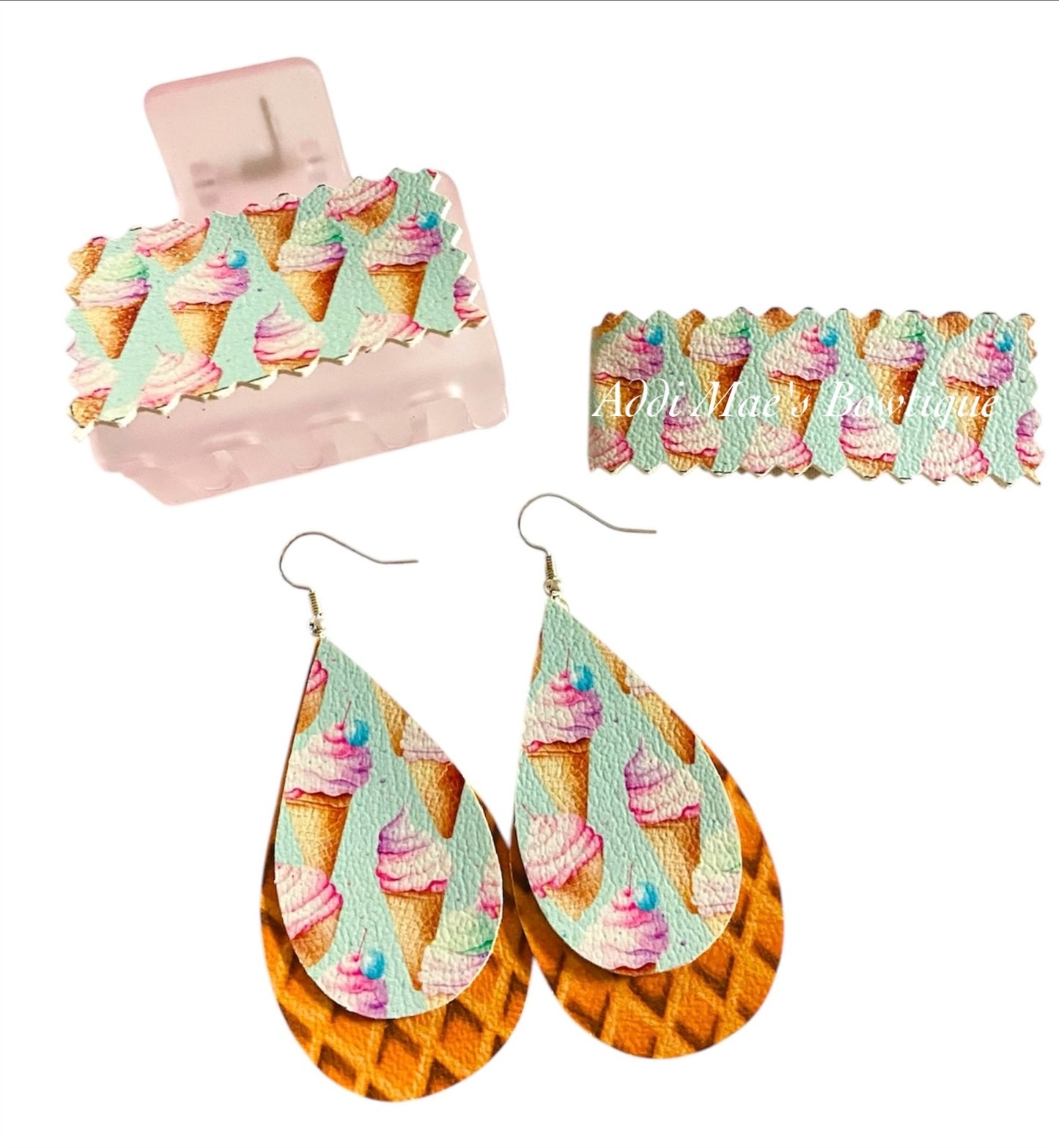 Ice Cream Cones Small Claw Clip, Snap Clip,& Earrings Set