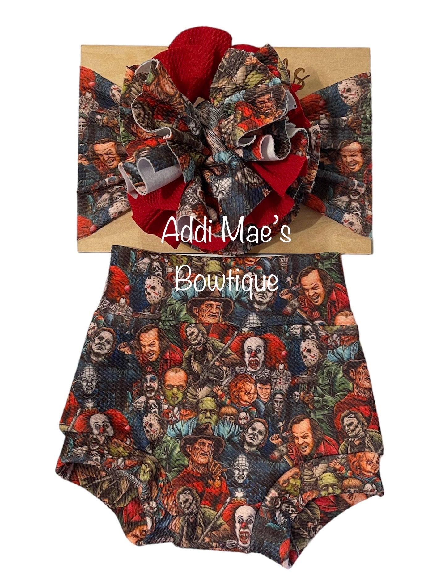 Scary Movie Bad Guys Halloween Shredded Messy Bow Headwrap/ Bummies Bullet Fabric Set