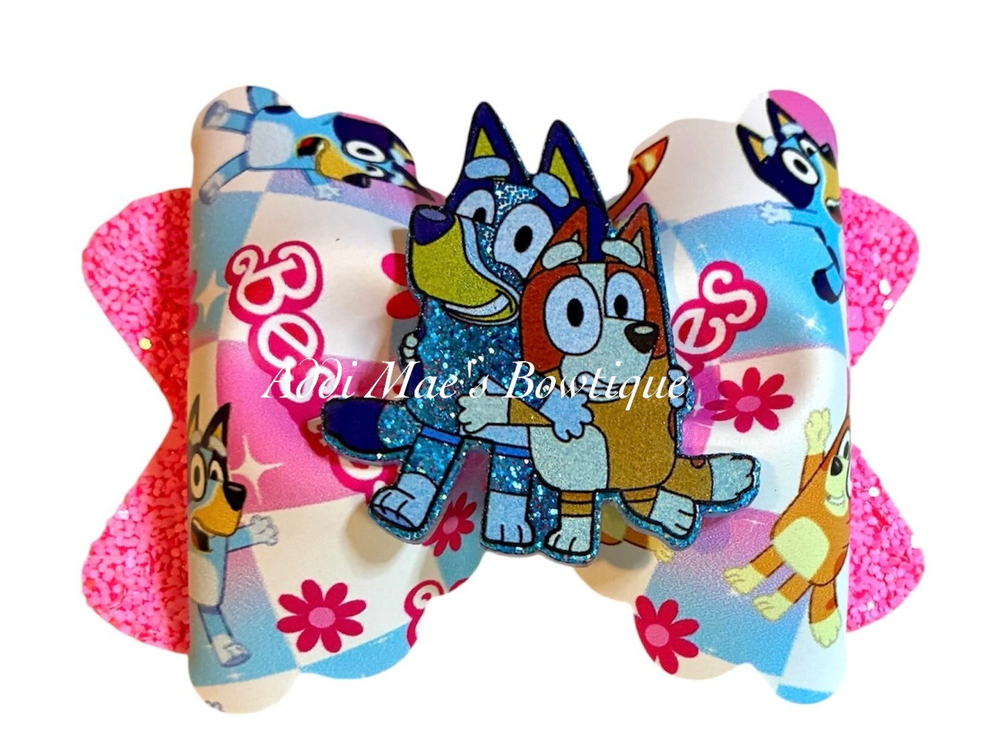 Besties Blue Cartoon Dog Bow