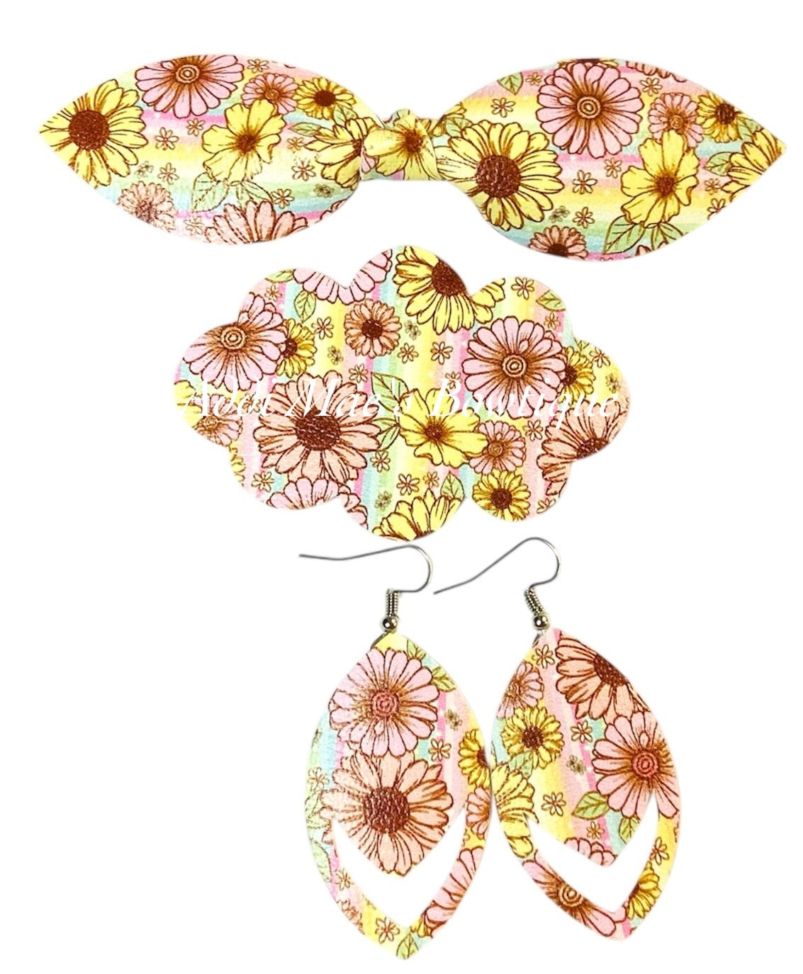 Pastel Flowers Top Knot Clip, 3” Snap Clip, & Earrings Set
