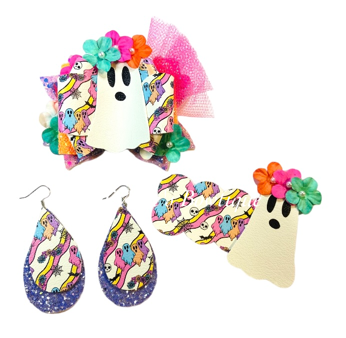 Wavy Floral Rainbow Ghost 3.5”Halloween Bow, Snap Clip, & Earrings Set