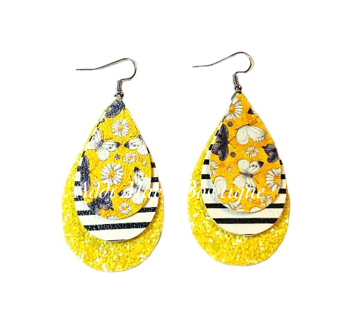Yellow Butterflies Stripes Stacked Tear Drop Dangle Earrings