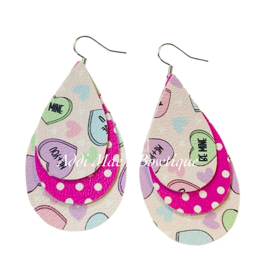 Valentines Candy Hearts Stacked Tear Drop Dangle Earrings