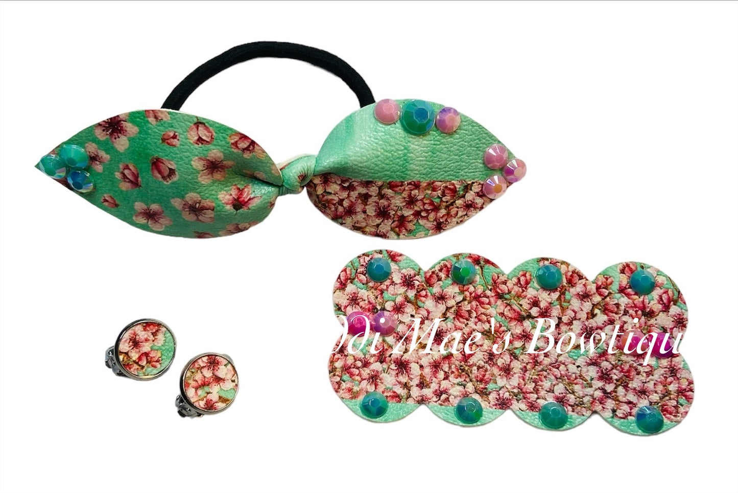Teal Cherry Blossoms Top Knot Pony Elastic ,Clip on Earrings, Snap Clip Set