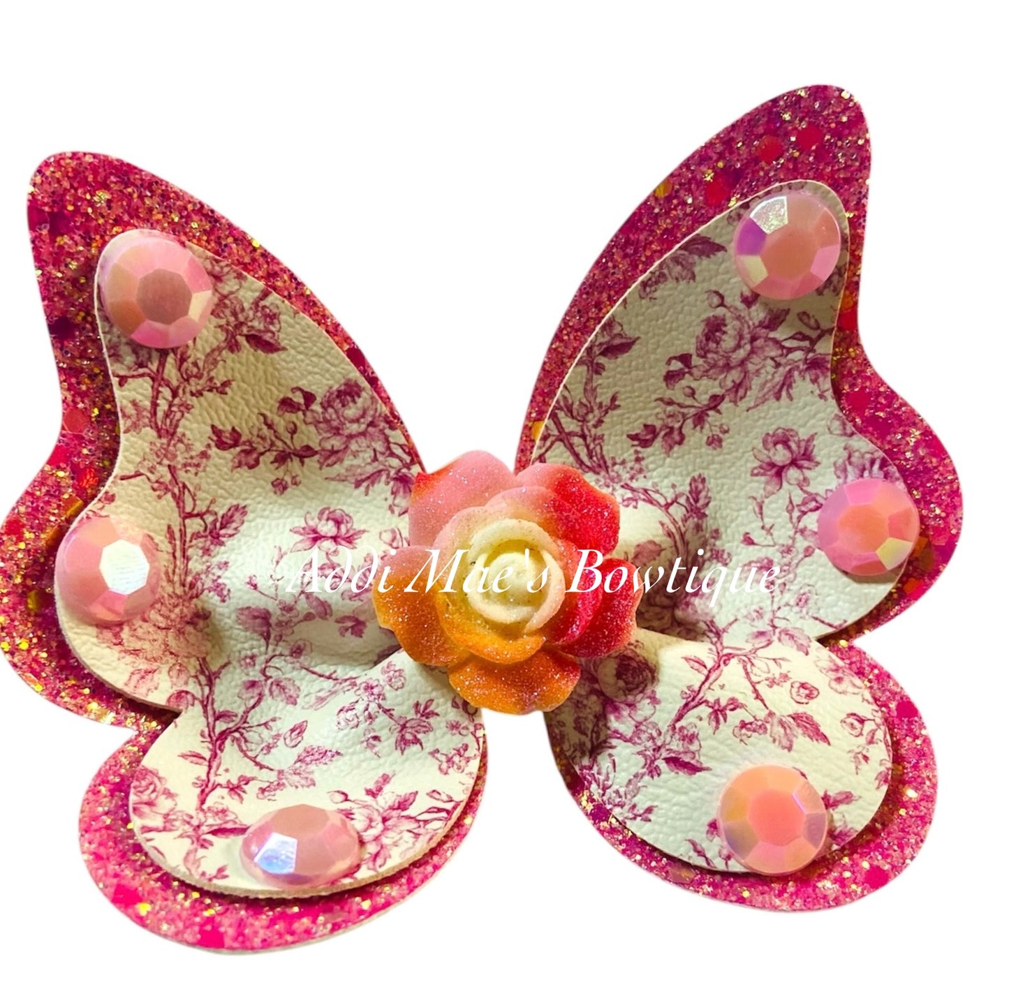 Pink Toile Roses Butterfly Bow