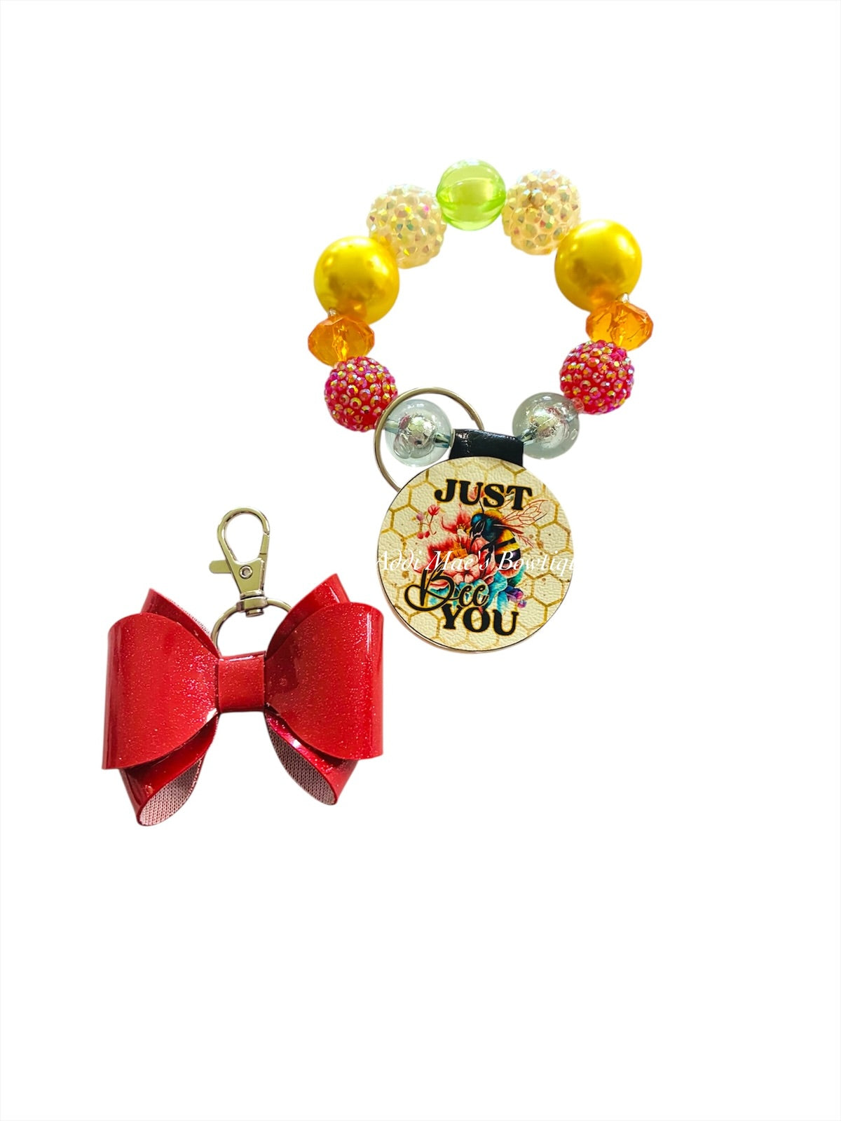 Just Bee You Bubble Gum Bead Wristlet Keychain With Removable Bow Clip