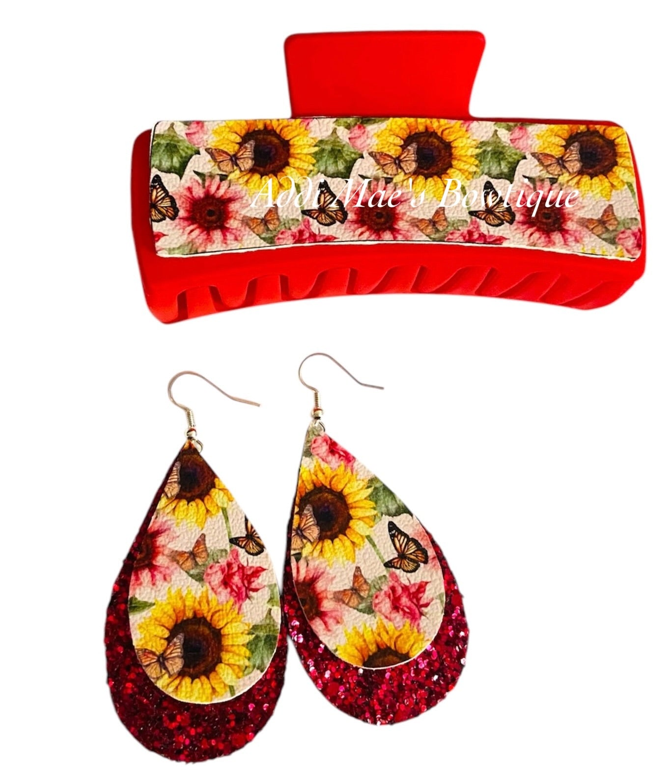 Pink Sunflowers and Butterflies XL Claw Clip Earring Set