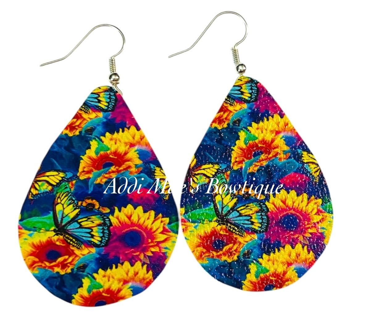 Bright Rainbow Sunflower Butterfly Dangle Earrings