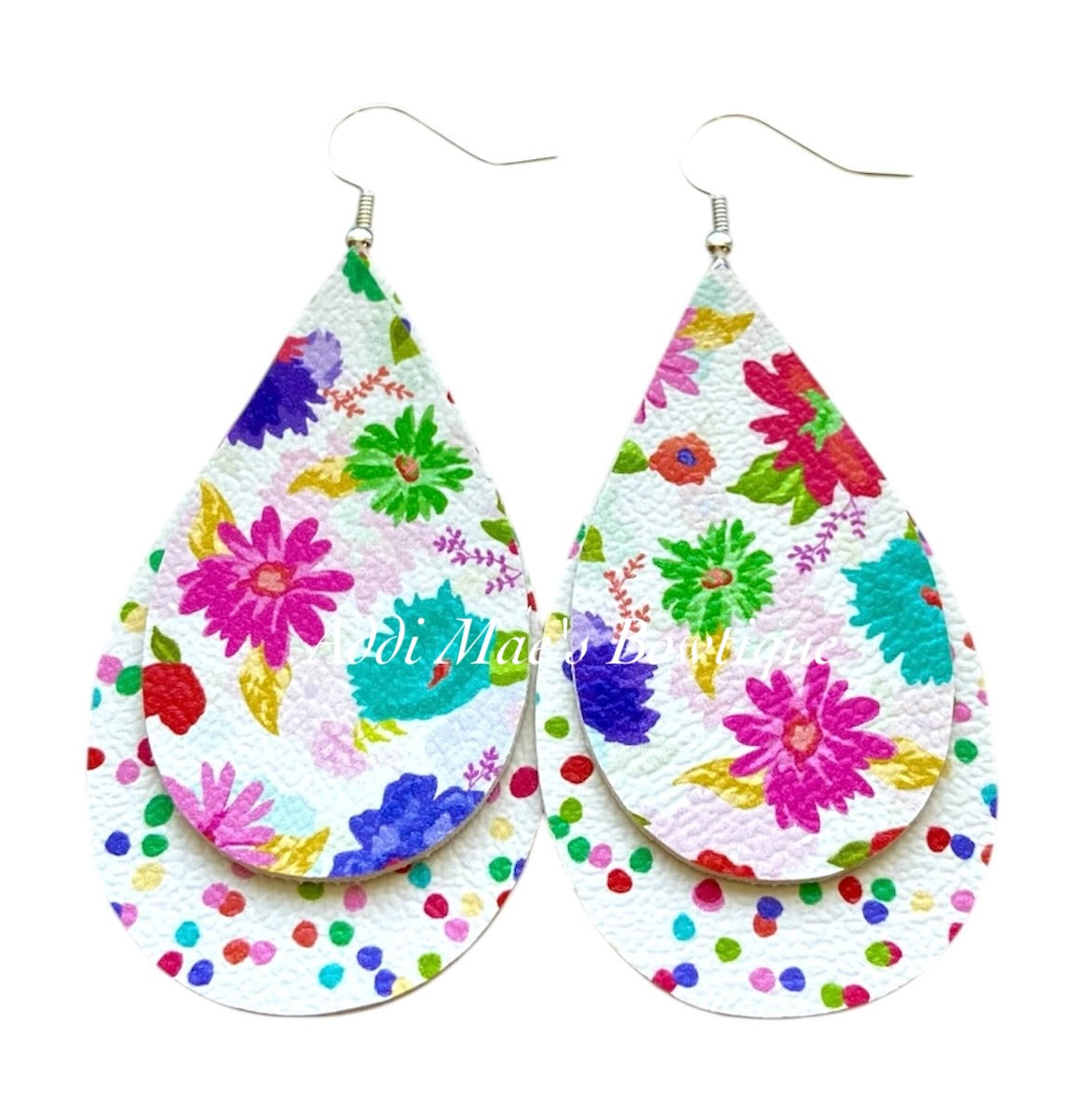 Bright Summer Flowers Stacked Tear Drop Dangle Earrings
