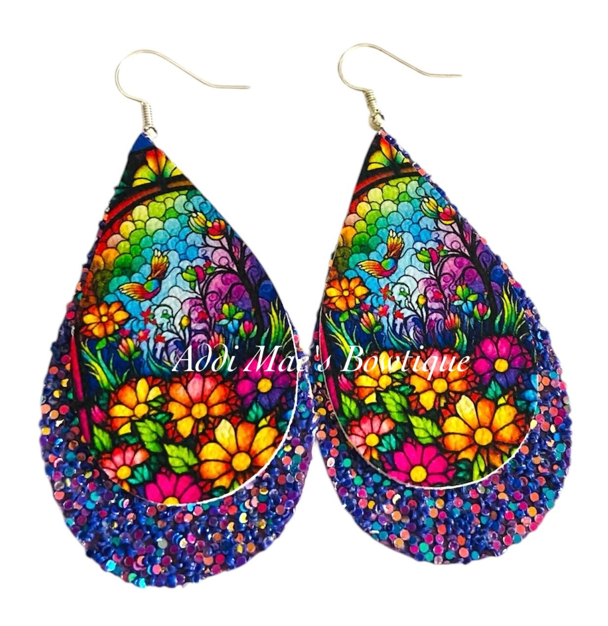 Stained Glass Flowers Stacked Tear Drop Dangle Earrings