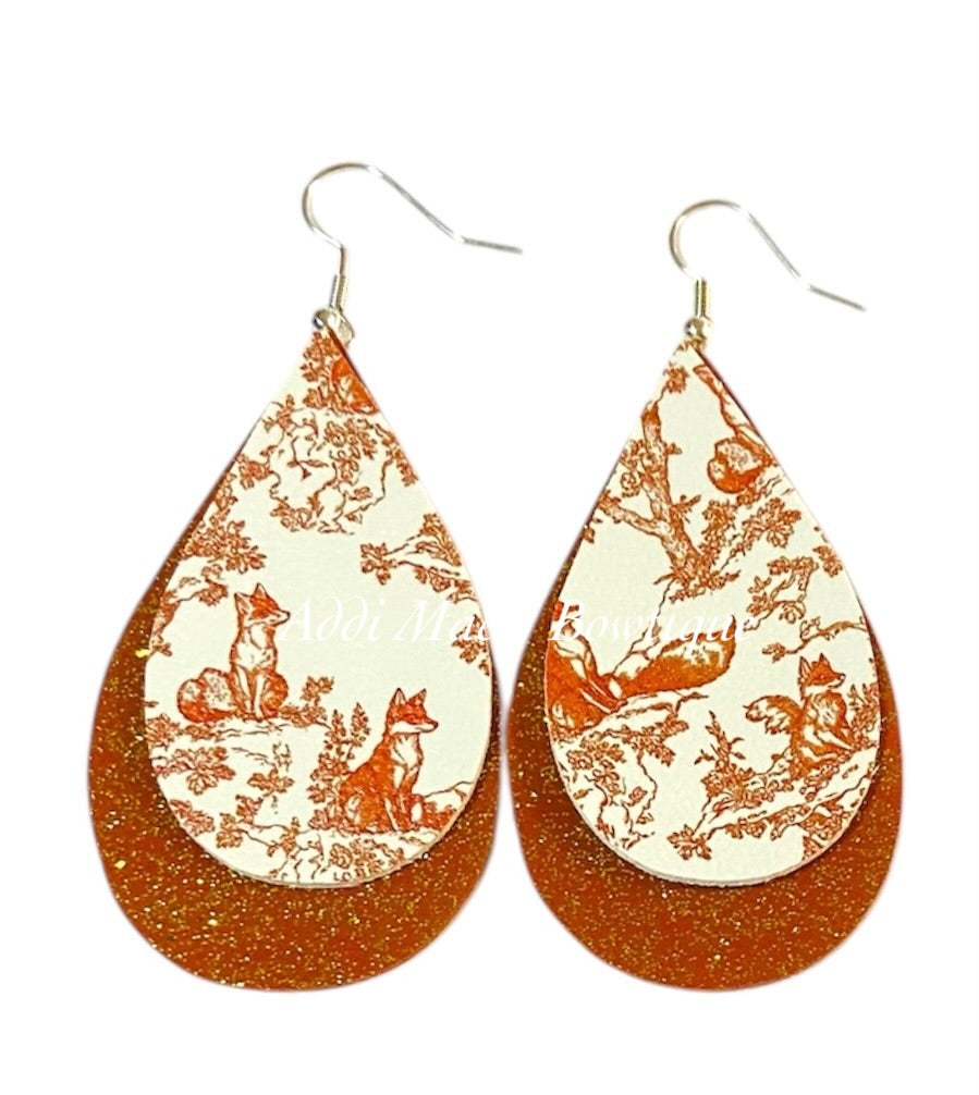 Woodland Toile Fox Stacked Tear Drop Dangle Earrings