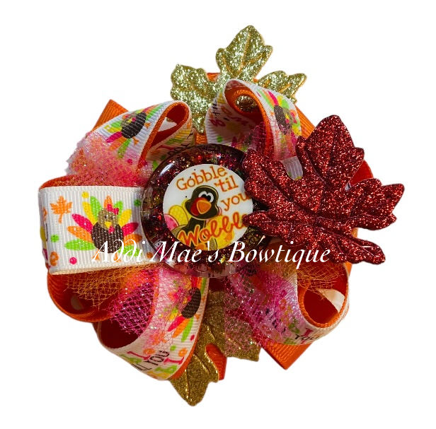 Gobble Til You Wobble Thanksgiving Turkey Ribbon Bow