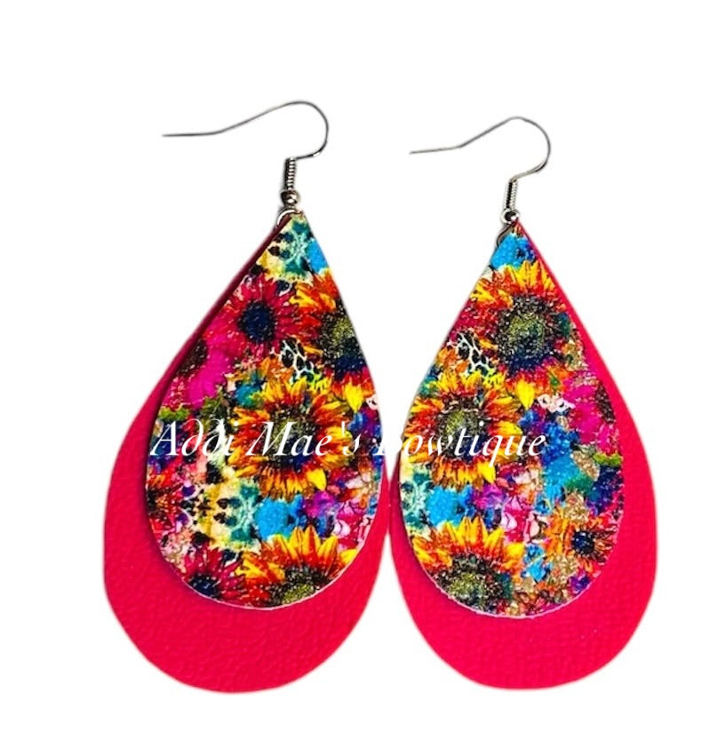 Western Sunflowers Stacked Tear Drop Dangle Earrings