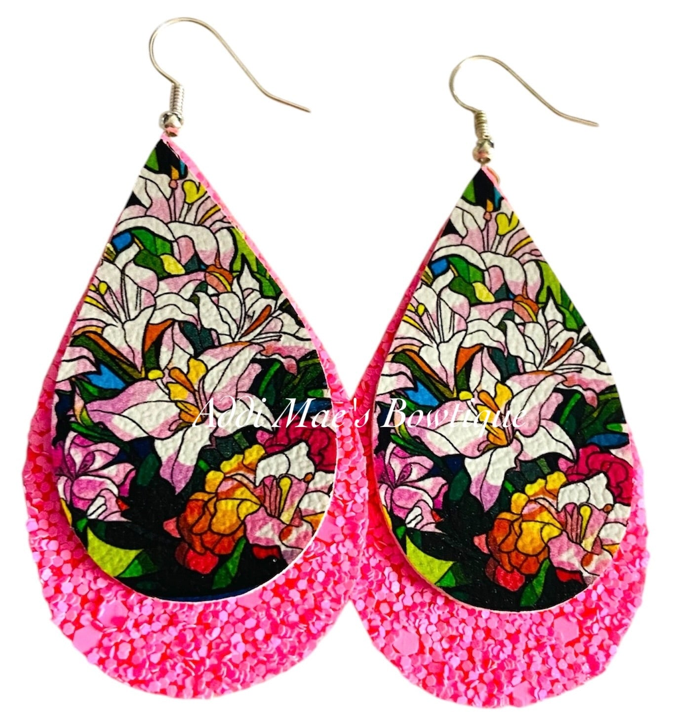 Stained Glass Flowers Stacked Tear Drop Dangle Earrings