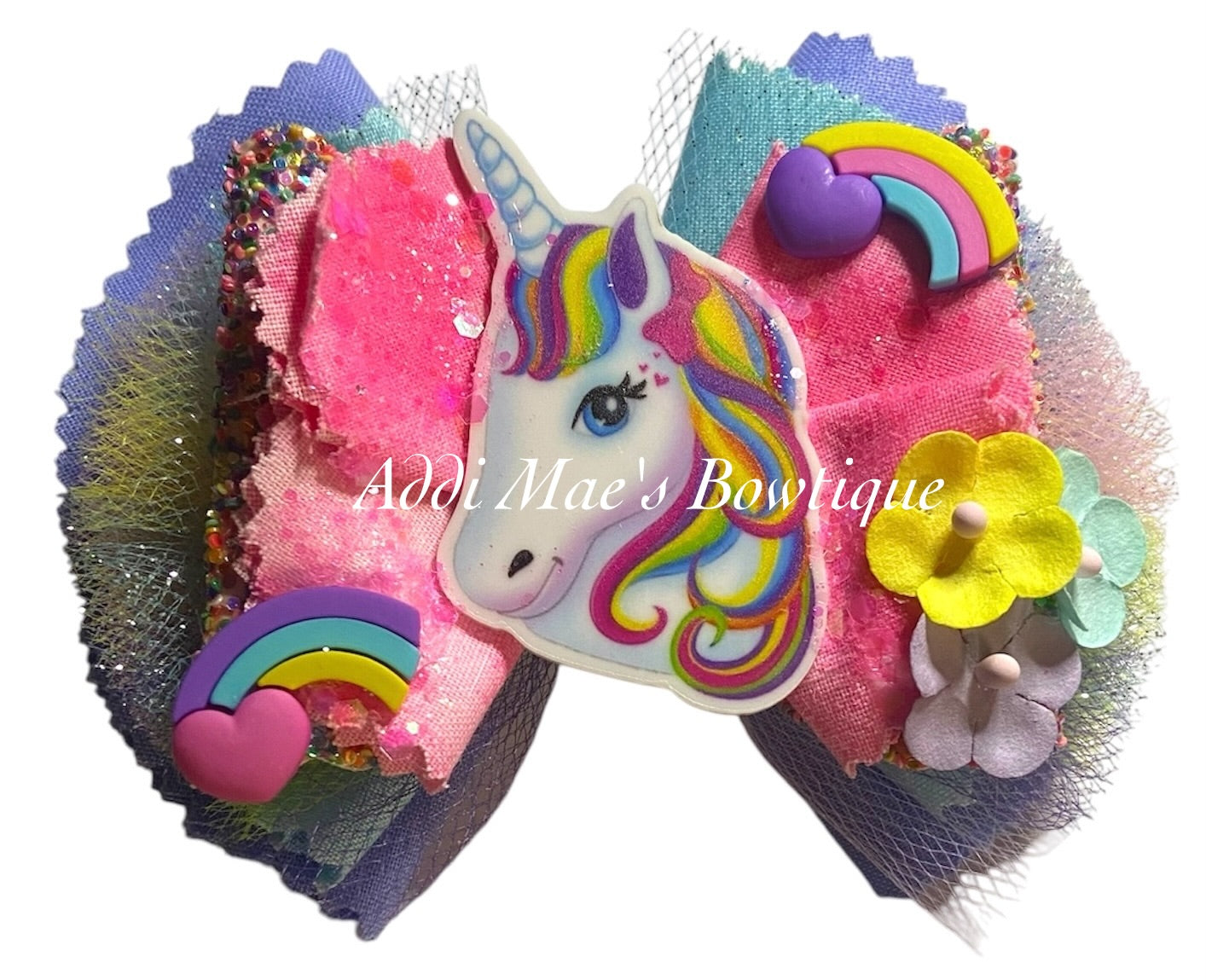 Rainbow Unicorn Frayed Cotton Fabric Hair Bow