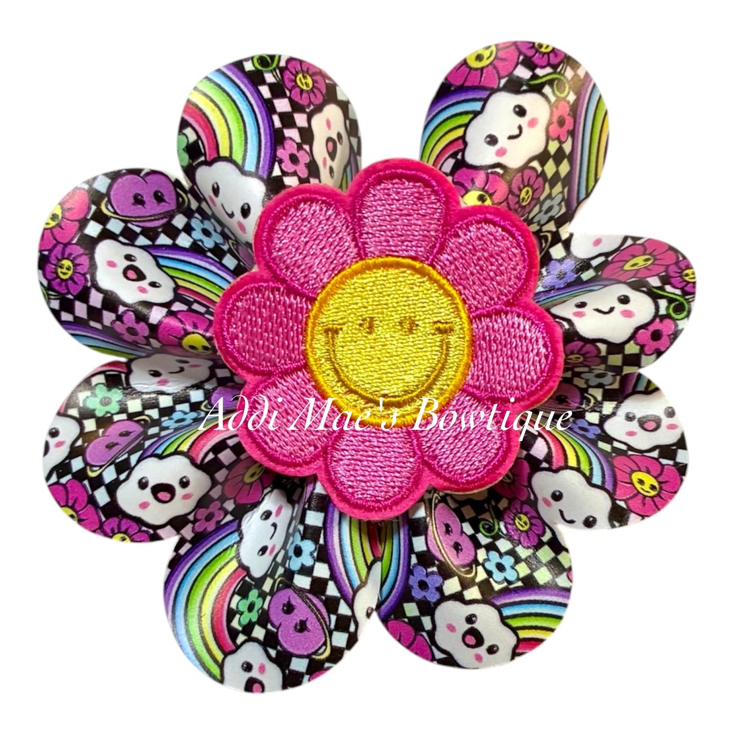 Checkered Rainbow Smiles Ruffle Bow