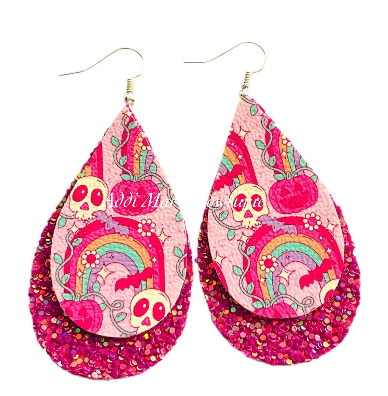 Pink Skull Rainbows Halloween Stacked Tear Drop Dangle Earrings