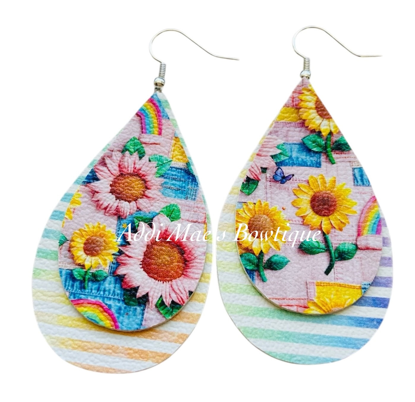 Sunflower Rainbow Patchwork Stacked Tear Drop Dangle Earrings