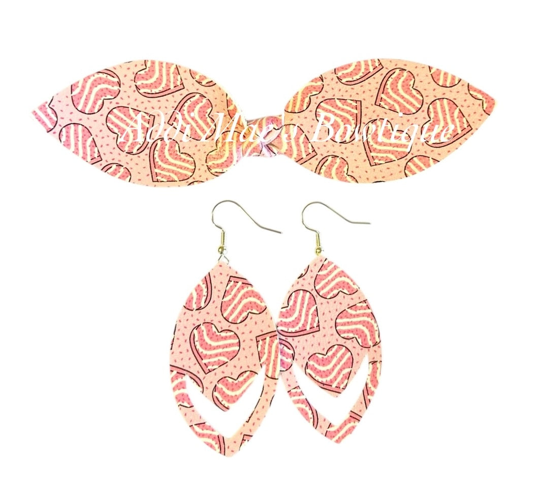 Valentines Snack Cakes Top Knot Clip, 3” Snap Clip, & Earrings Set