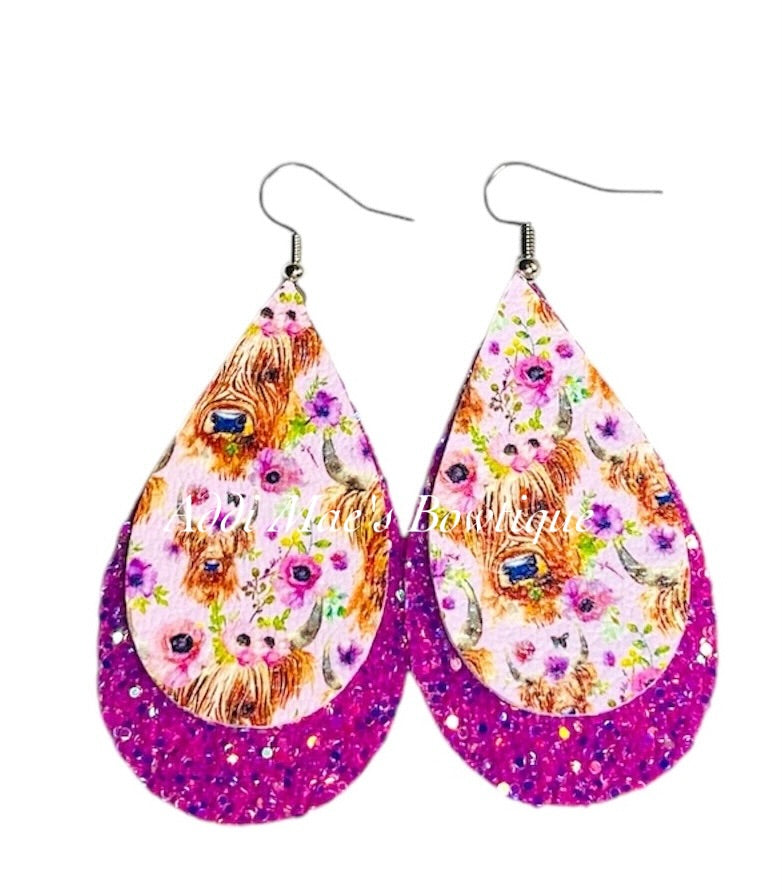 Highland Cow Stacked Tear Drop Dangle Earrings