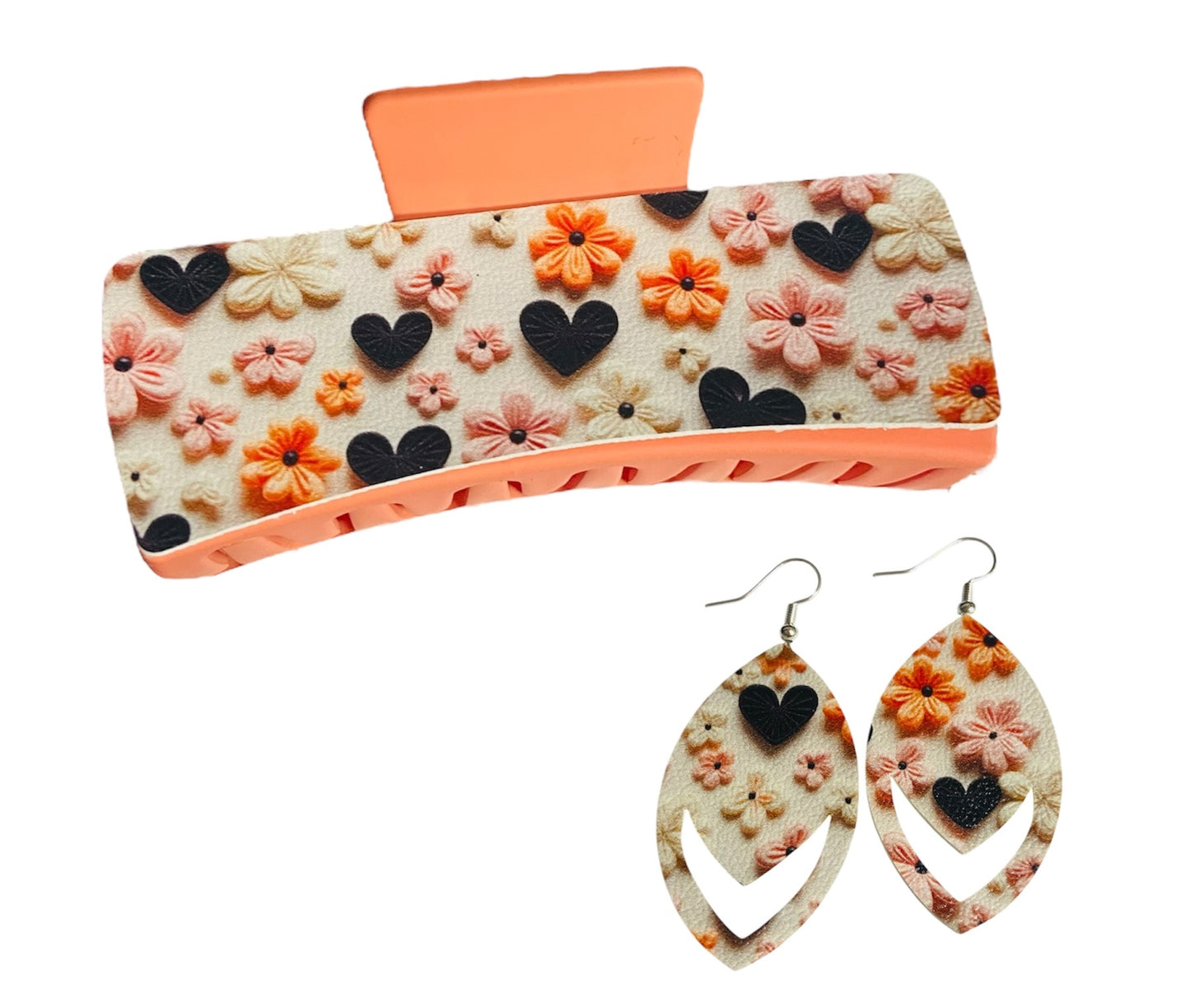 Salmon Flowers & Hearts XL Claw Clip Earring Set