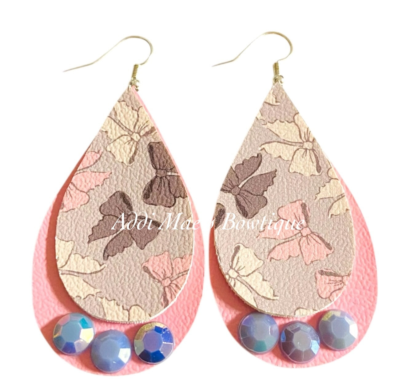 Pink Western Bows Stacked Tear Drop Dangle Earrings