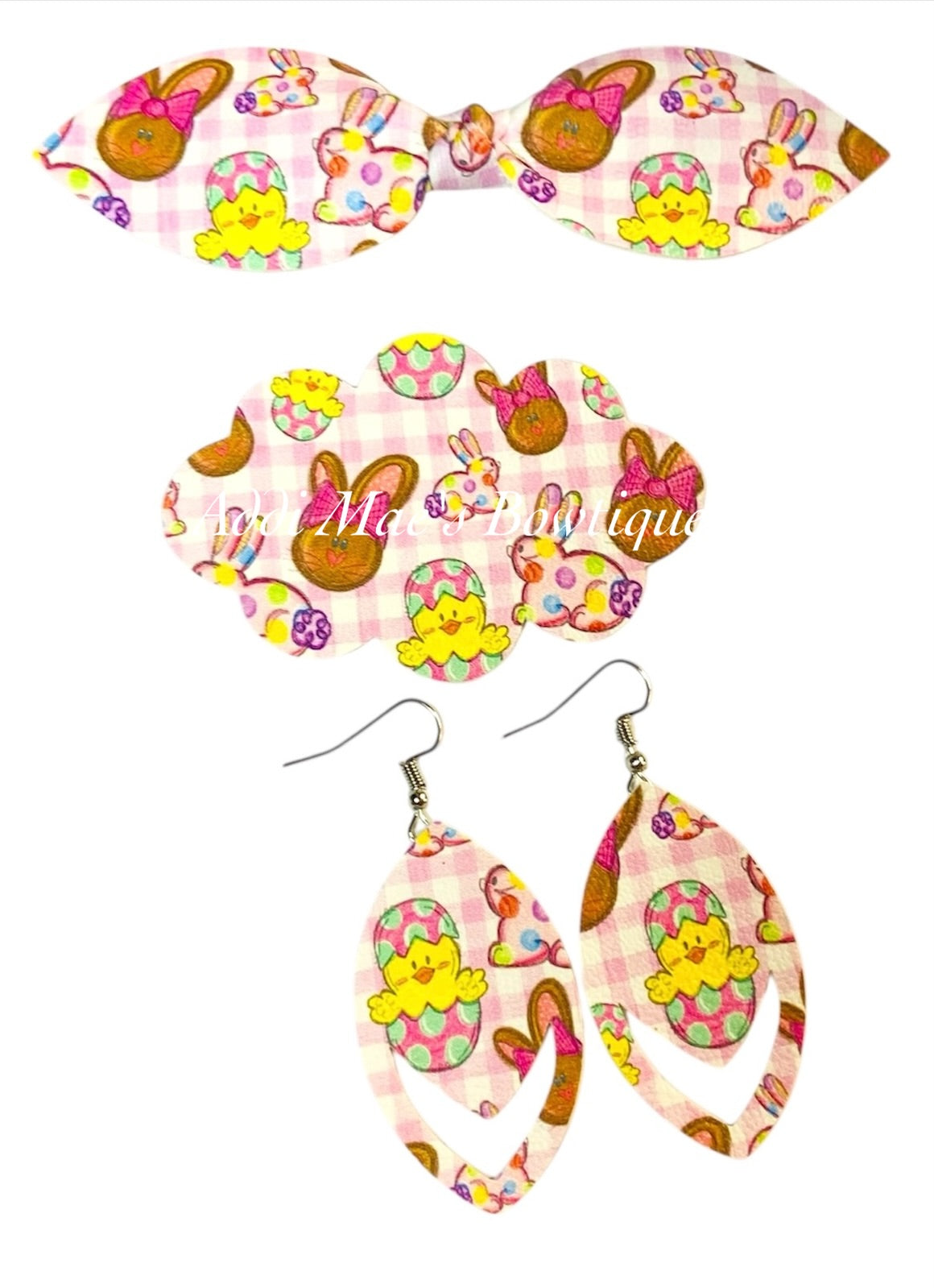 Pink Pastel Chocolate Bunny & Chicks Easter Top Knot Clip, 3” Snap Clip, & Earrings Set