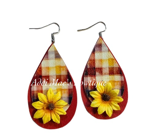 Fall Plaid Sunflower Stacked Tear Drop Dangle Earrings