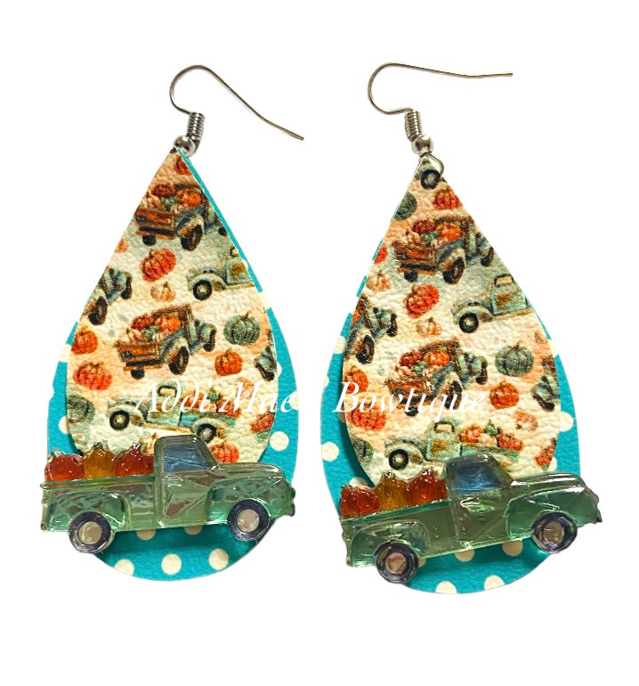 Fall Pumpkin Patch Trucks Stacked Tear Drop Dangle Earrings
