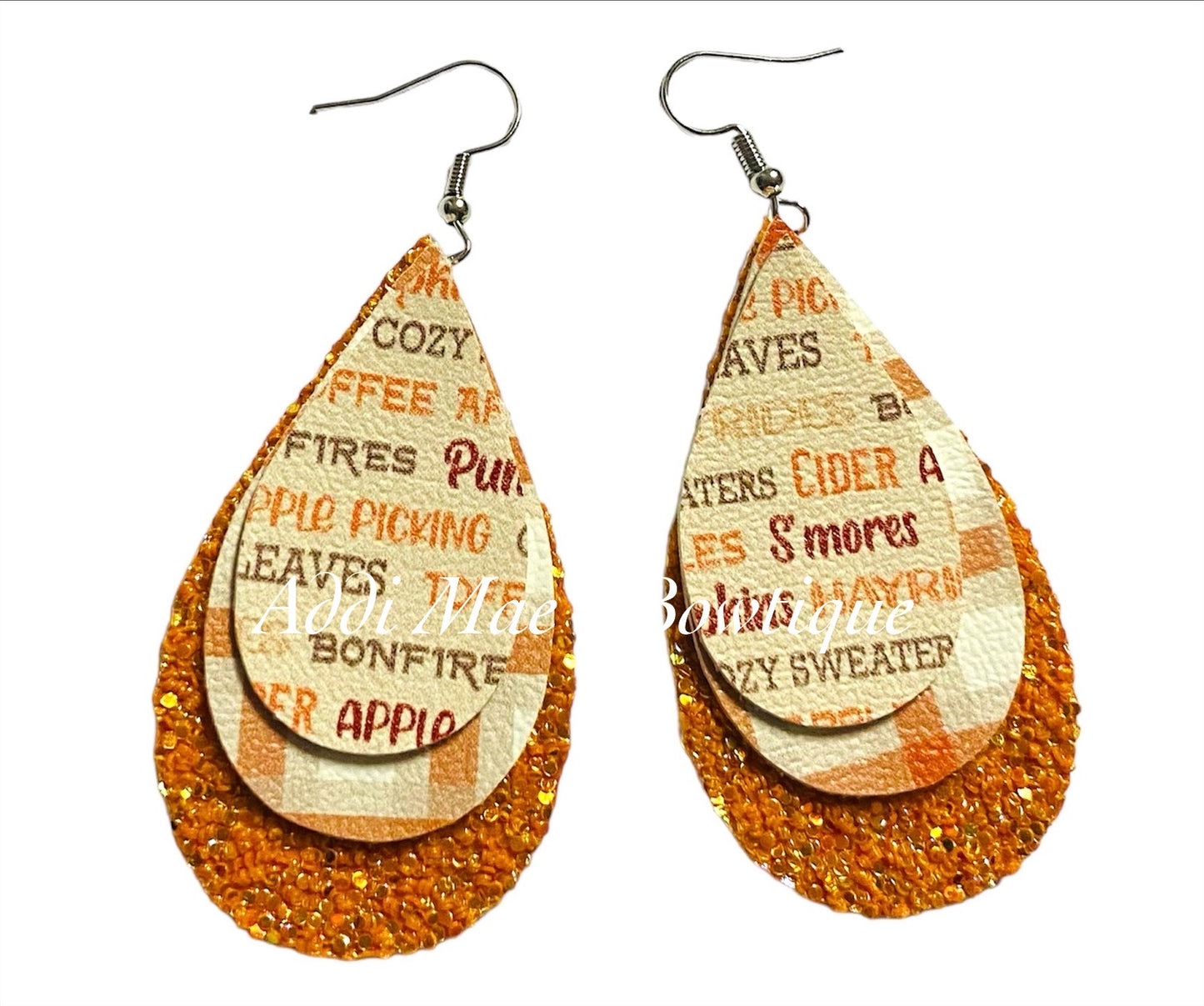 Fall Words Stacked Tear Drop Dangle Earrings