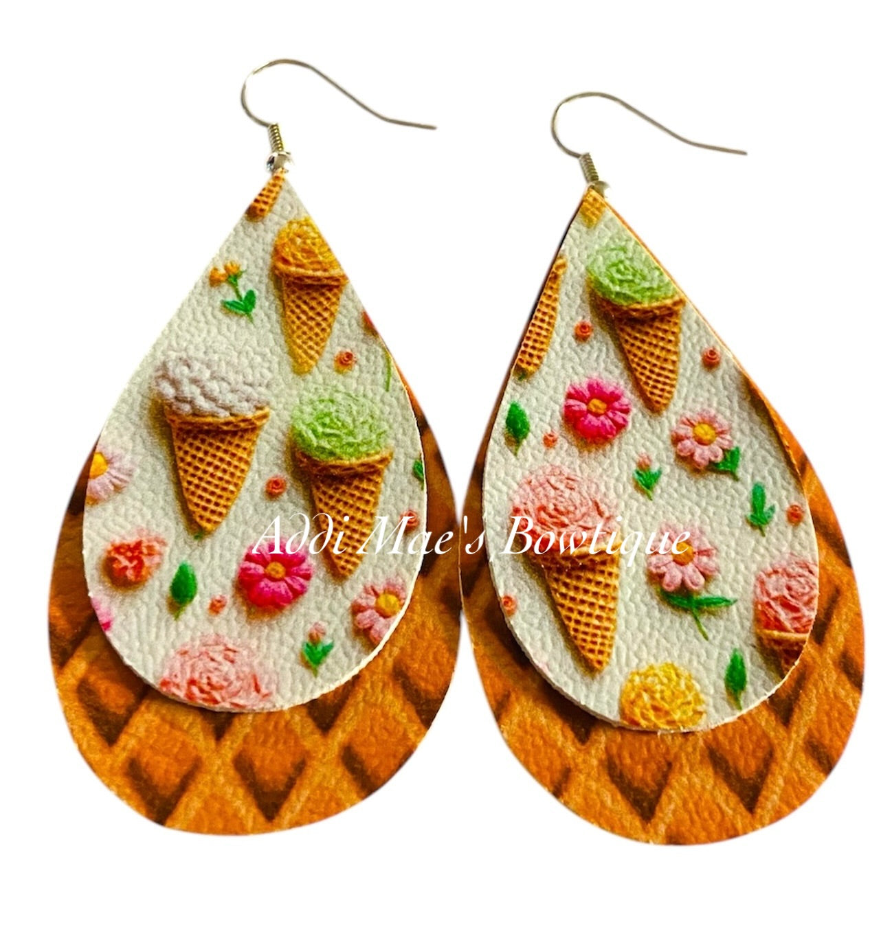 Ice Cream Cones Stacked Tear Drop Dangle Earrings
