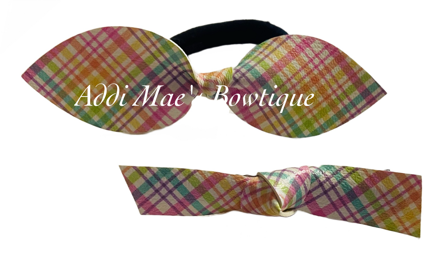 Easter Marshmallow Bunnies Spring Plaid Top Knot Pony, Knotted Clip Set