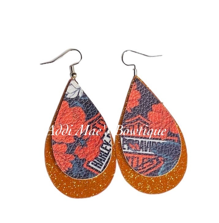 Motorcycle Stacked Tear Drop Dangle Earrings