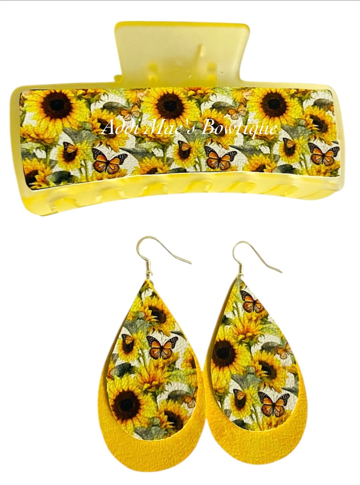 Yellow Sunflowers and Butterflies XL Claw Clip Earring Set