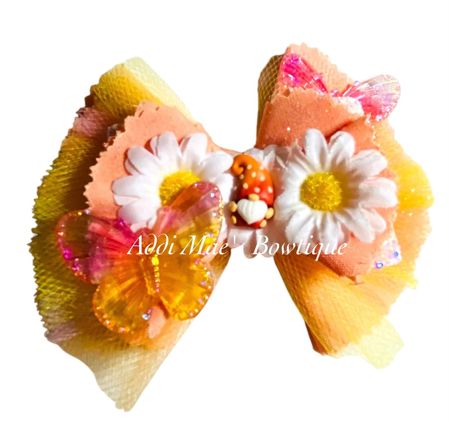 Daisy Gnome Cotton Frayed Fabric Hair Bow