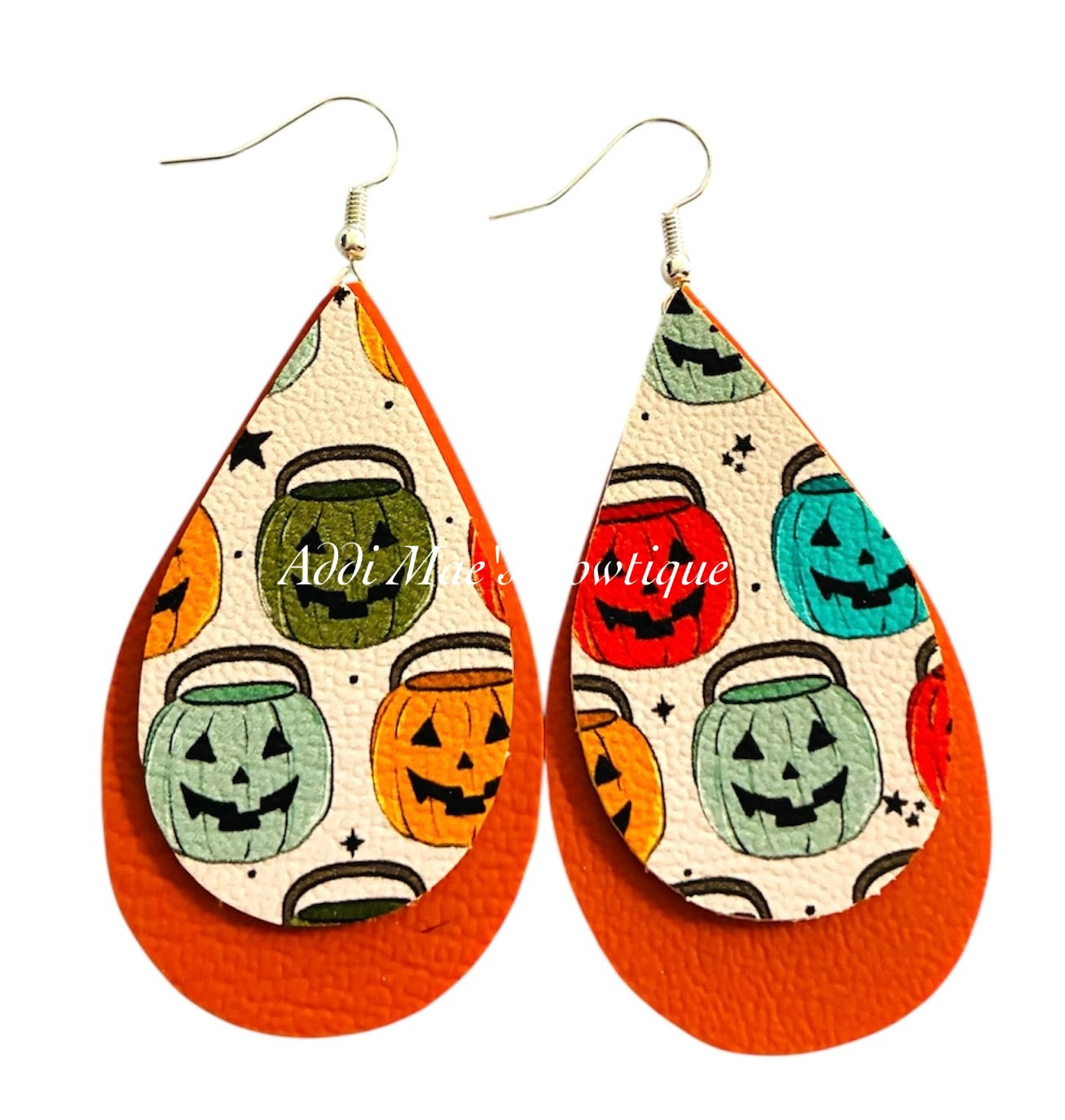 Jack O Lantern Buckets Halloween Stacked Tear Drop Dangle Earrings