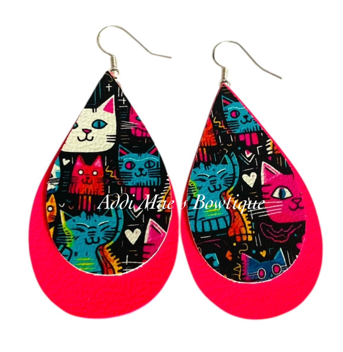 Bright Graffiti Cats Stacked Tear Drop Dangle Earrings