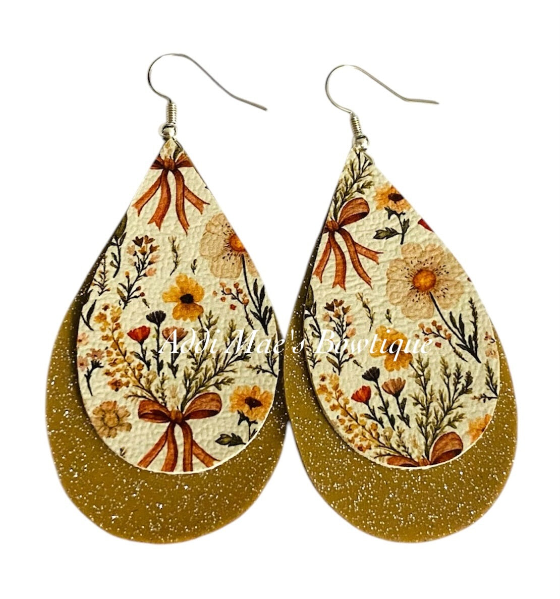 Brown Floral Bows Stacked Tear Drop Dangle Earrings