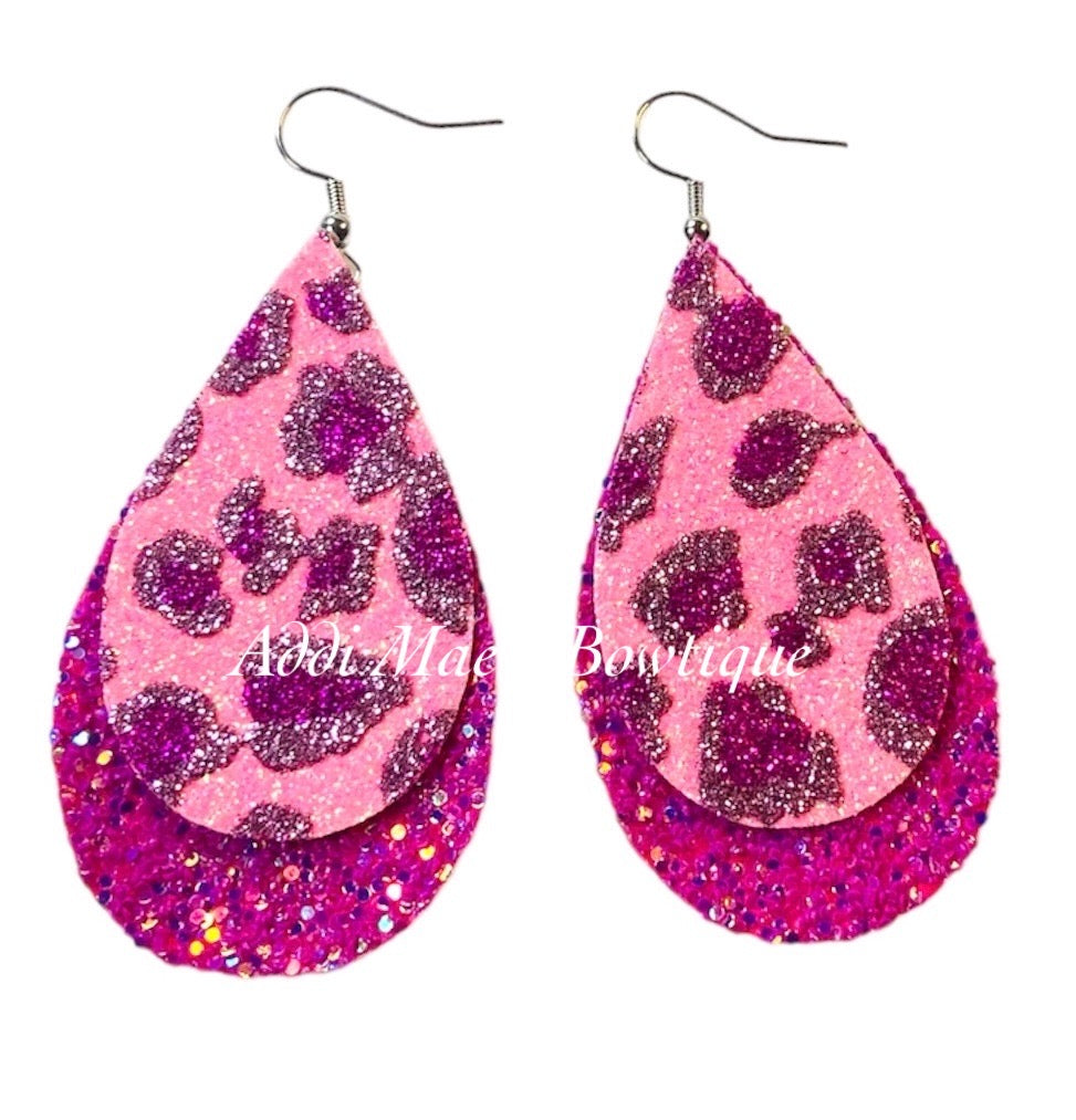 Pink Cheetah Stacked Tear Drop Dangle Earrings