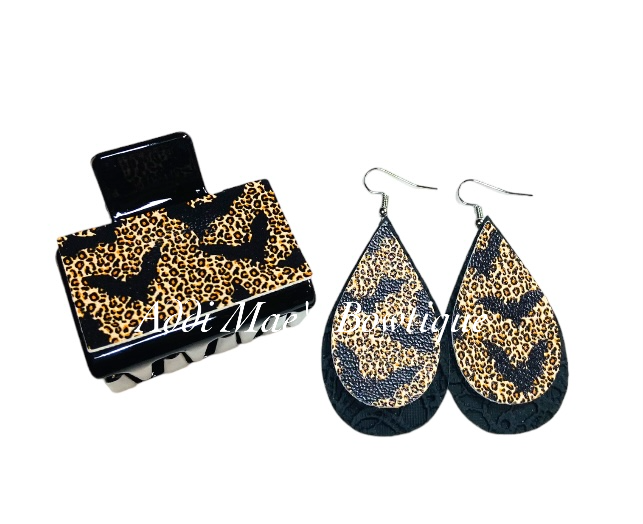 Leopard Bats Halloween Small Claw Clip Earring Set
