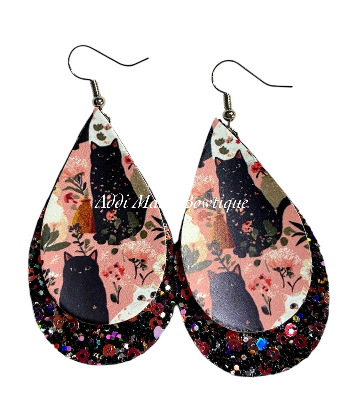 Black & White Cats Stacked Tear Drop Dangle Earrings