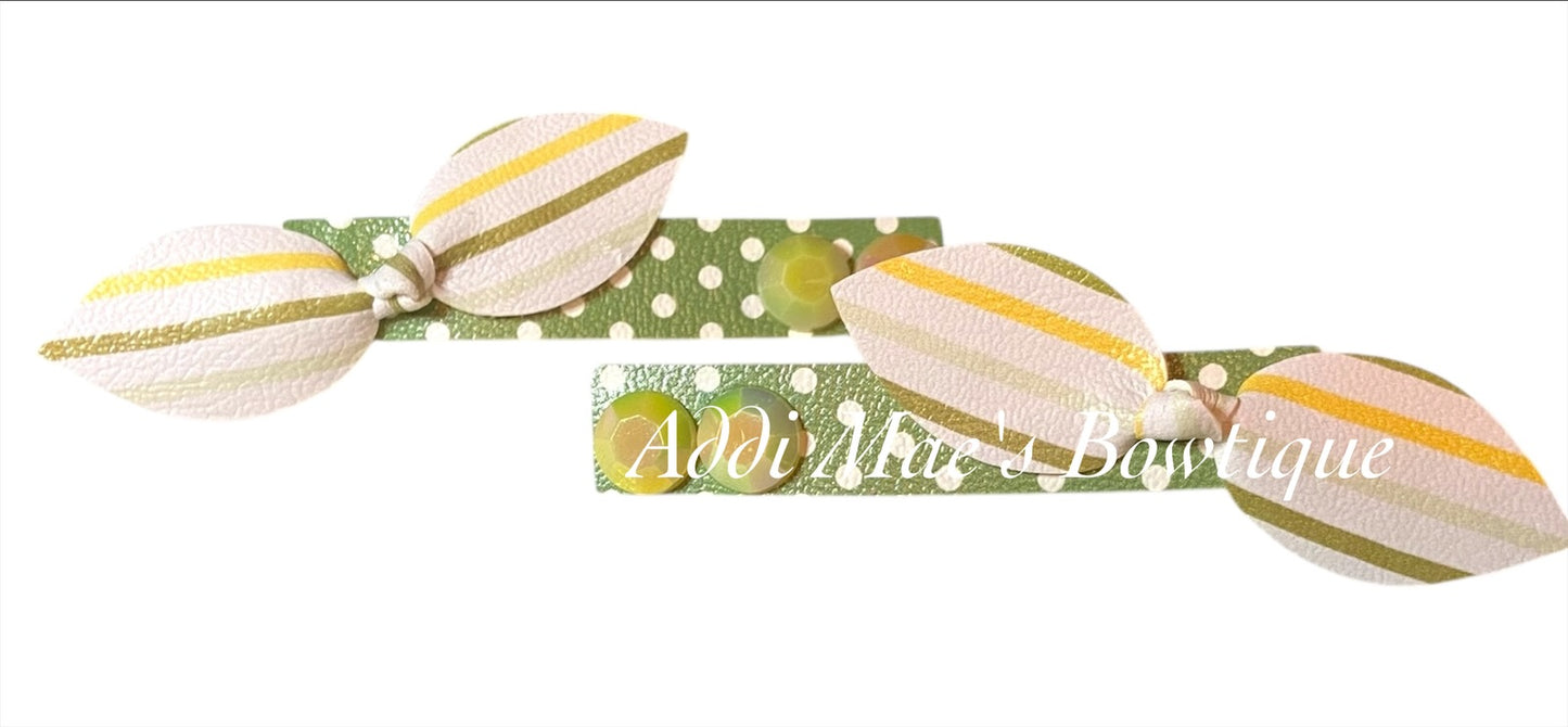 Green and Yellow Stripes Mini Top Knot Alligator Clip Set