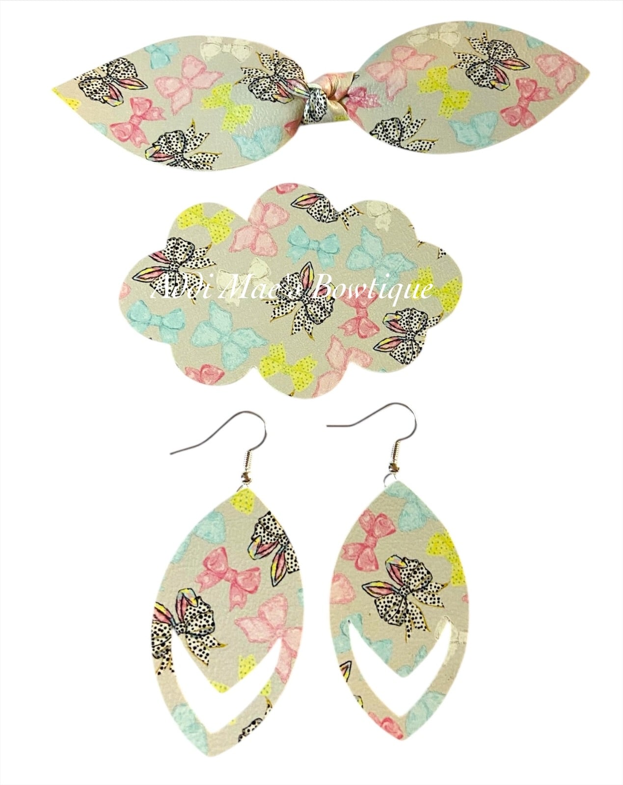 Bunny Ears and Bows Easter Top Knot Clip, 3” Snap Clip, & Earrings Set
