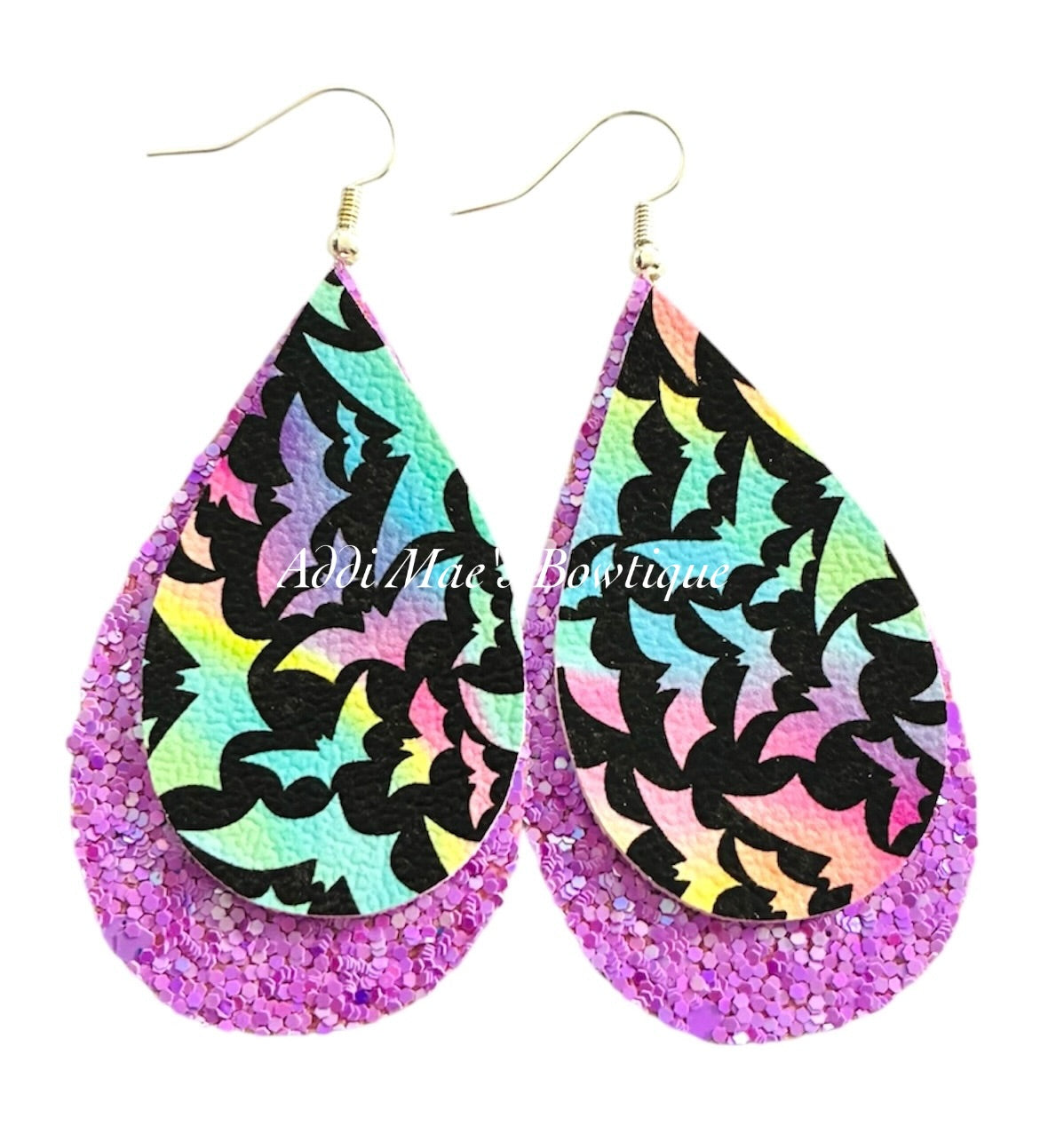 Neon Bats Halloween Stacked Tear Drop Dangle Earrings